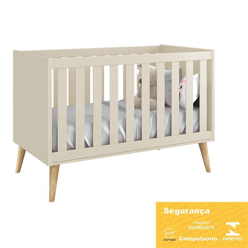 Dormitório Completo Infantil Theo 3 Portas, Cômoda 6 Gavetas e Berço Areia Fosco com Pés Madeira Natural - Reller Móveis