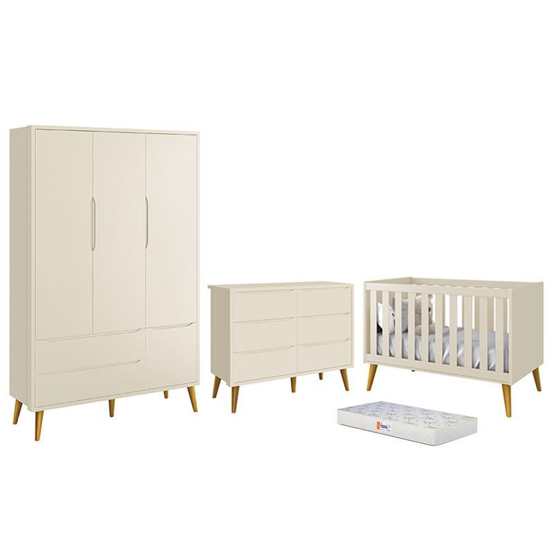 Dormitório Completo Infantil Theo 3 Portas, Cômoda 6 Gavetas, Berço Areia Fosco com Pés Amadeirado e Colchão D18 - Reller Móveis