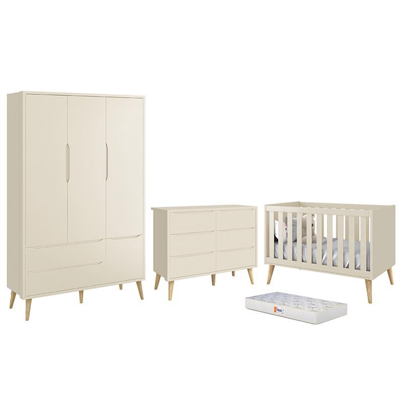 Dormitório Completo Infantil Theo 3 Portas, Cômoda 6 Gavetas, Berço Areia Fosco com Pés Madeira Natural e Colchão D18 - Reller Móveis 