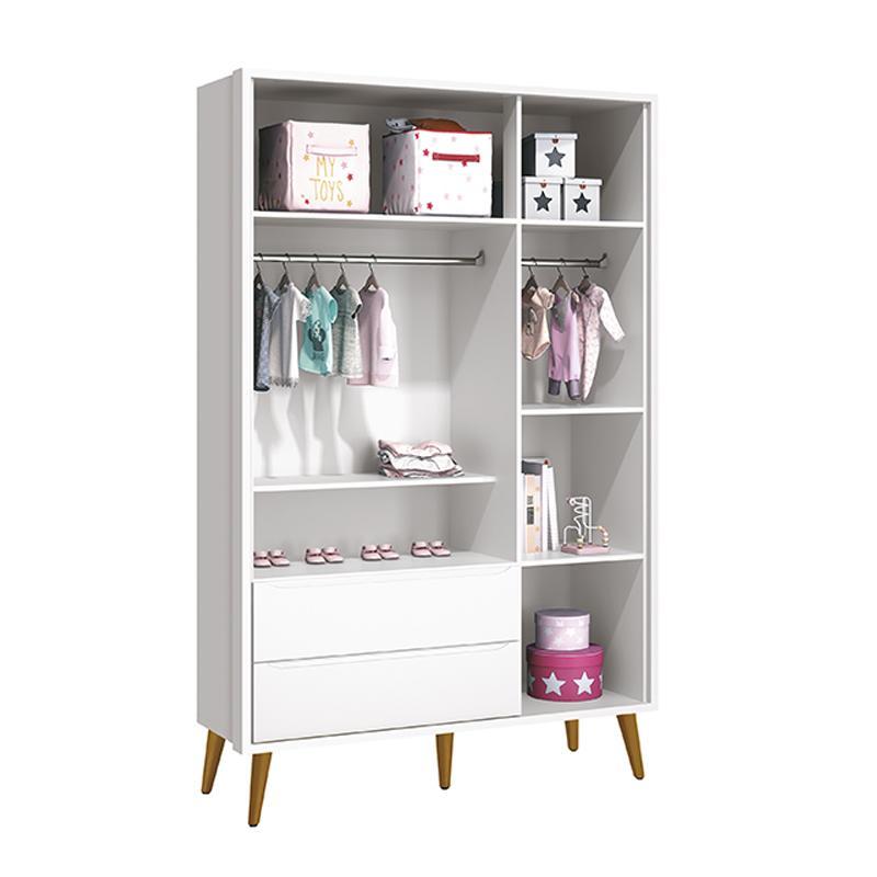 Dormitório Completo Infantil Theo 3 Portas, Cômoda 6 Gavetas, Berço Branco Fosco com Pés Amadeirado e Colchão D18 - Reller Móveis