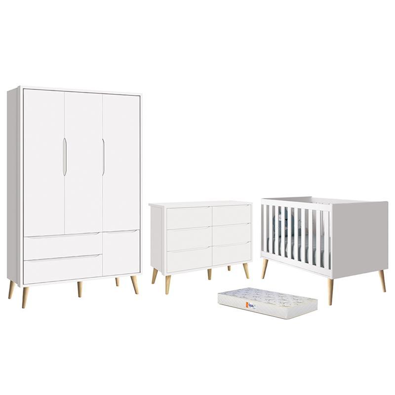 Dormitório Completo Infantil Theo 3 Portas, Cômoda 6 Gavetas, Berço Branco Fosco com Pés Madeira Natural e Colchão D18 - Reller Móveis 