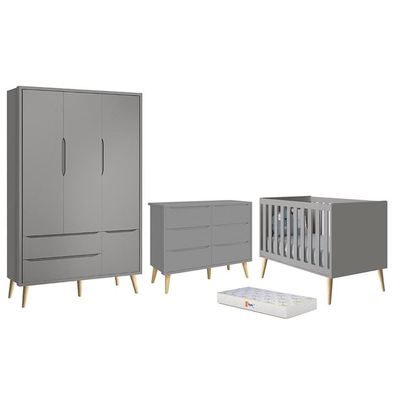 Dormitório Completo Infantil Theo 3 Portas, Cômoda 6 Gavetas, Berço Cinza Fosco com Pés Madeira Natural e Colchão D18 - Reller Móveis 