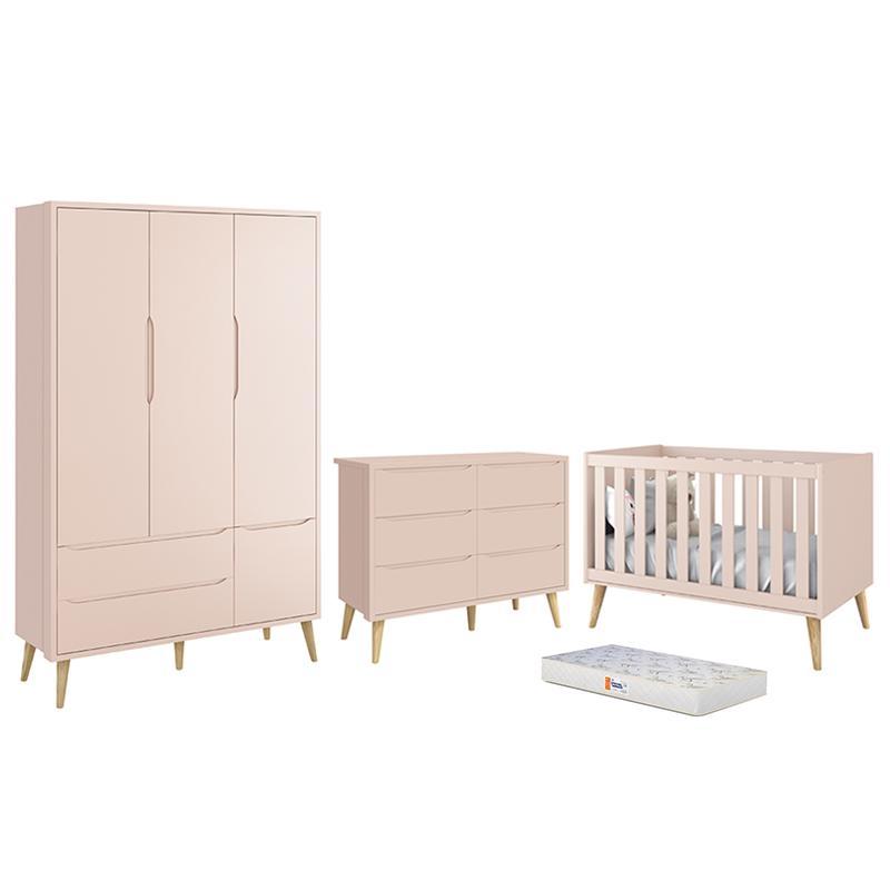 Dormitório Completo Infantil Theo 3 Portas, Cômoda 6 Gavetas, Berço Rosa Fosco com Pés Madeira Natural e Colchão D18 - Reller Móveis
