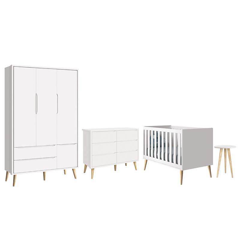 Dormitório Completo Infantil Theo 3 Portas, Cômoda 6 Gavetas, Berço e Mesa de Canto Branco Fosco com Pés Madeira Natural - Reller Móveis 