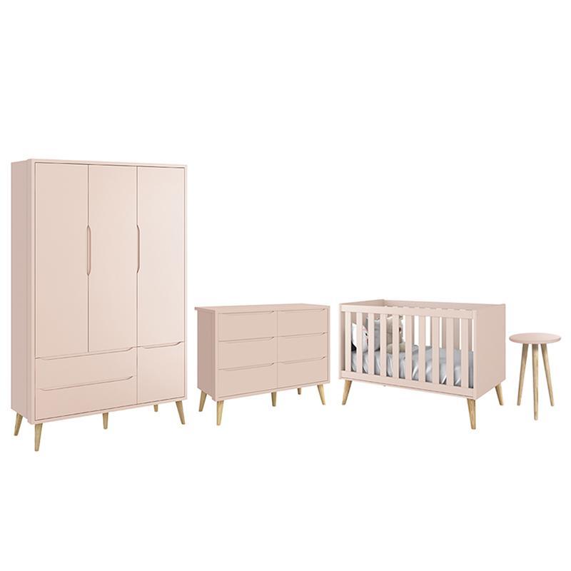 Dormitório Completo Infantil Theo 3 Portas, Cômoda 6 Gavetas, Berço e Mesa de Canto Rosa Fosco com Pés Madeira Natural - Reller Móveis 