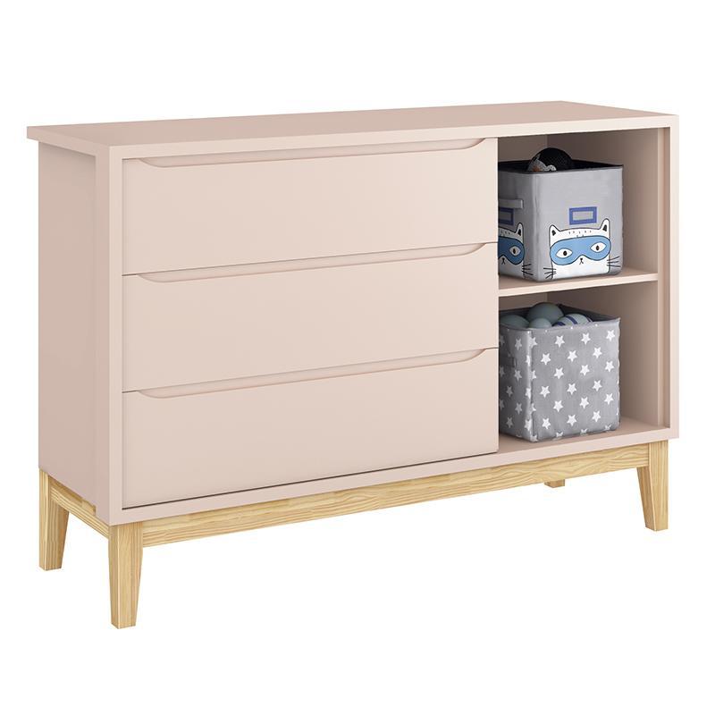 Dormitório Infantil Classic 2 Portas, Cômoda 1 Porta, Berço Rosa Fosco com Pés Madeira Natural e Colchão - Reller Móveis