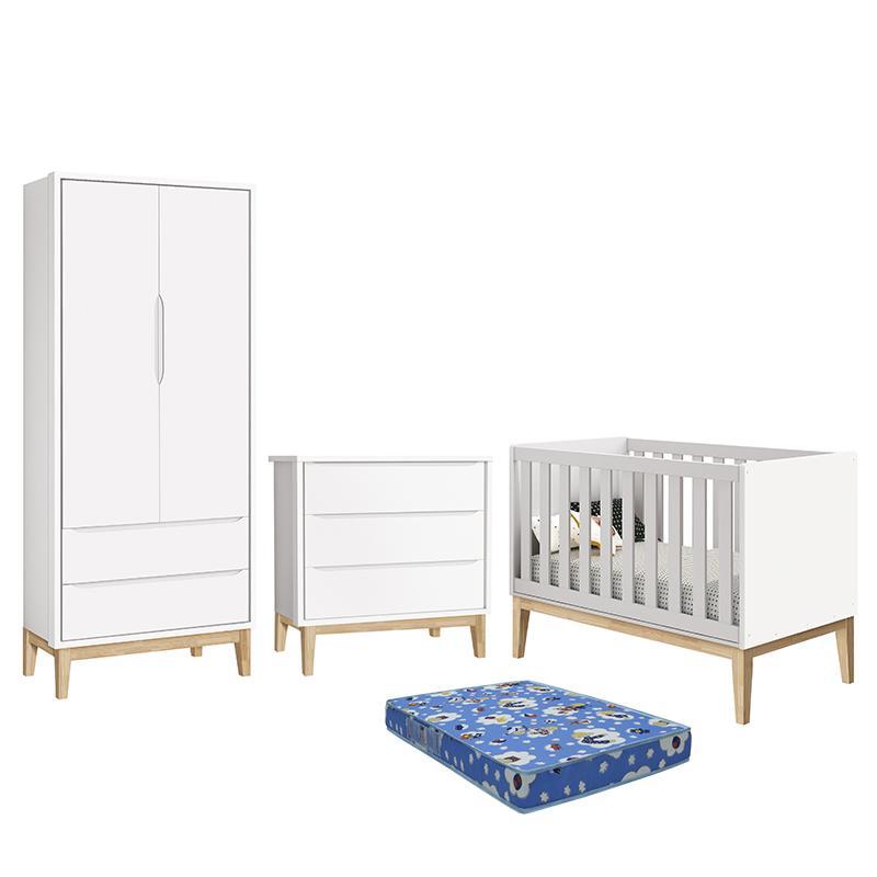 Dormitório Infantil Classic 2 Portas, Cômoda 3 Gavetas, Berço Branco Fosco com Pés Madeira Natural e Colchão - Reller Móveis