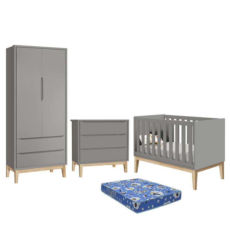 Dormitório Infantil Classic 2 Portas, Cômoda 3 Gavetas, Berço Cinza Fosco com Pés Madeira Natural e Colchão - Reller Móveis 