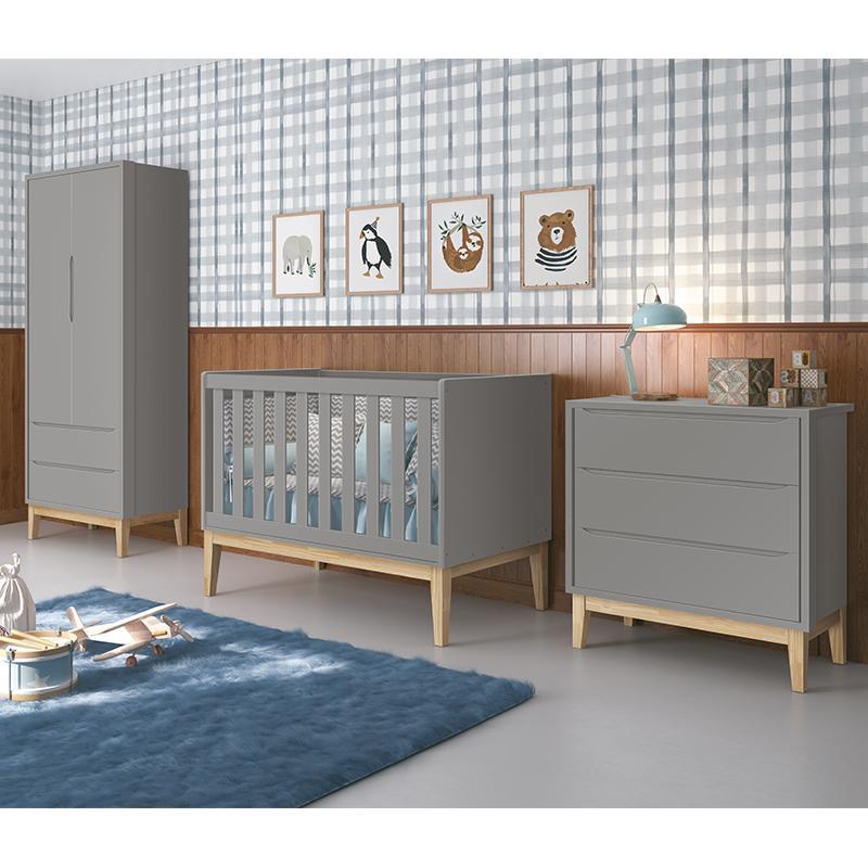 Dormitório Infantil Classic 2 Portas, Cômoda 3 Gavetas, Berço Cinza Fosco com Pés Madeira Natural e Colchão - Reller Móveis 