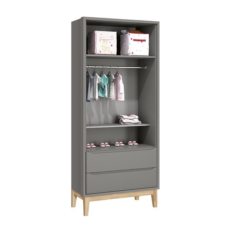 Dormitório Infantil Classic 2 Portas, Cômoda 3 Gavetas, Berço Cinza Fosco com Pés Madeira Natural e Colchão - Reller Móveis 