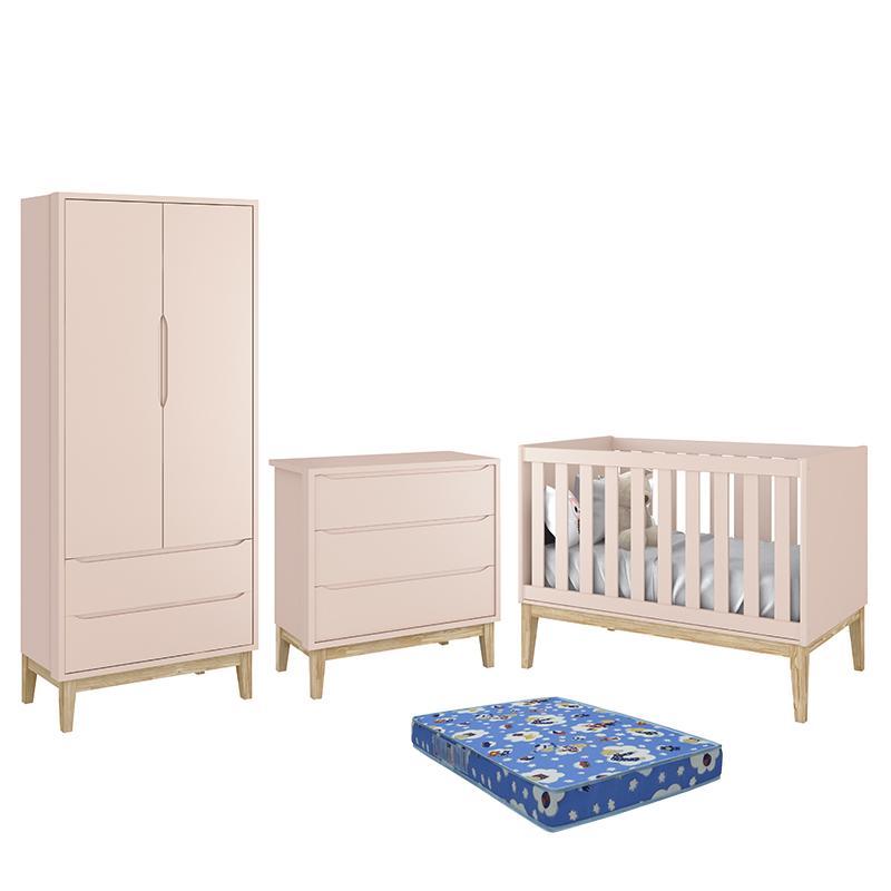 Dormitório Infantil Classic 2 Portas, Cômoda 3 Gavetas, Berço Rosa Fosco com Pés Madeira Natural e Colchão - Reller Móveis