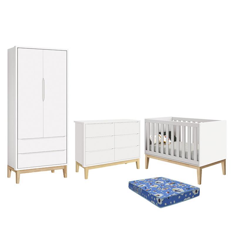 Dormitório Infantil Classic 2 Portas, Cômoda 6 Gavetas, Berço Branco Fosco com Pés Madeira Natural e Colchão - Reller Móveis