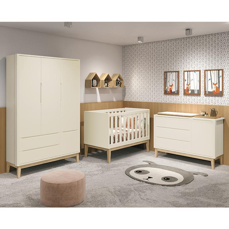 Dormitório Infantil Classic 3 Portas, Cômoda 1 Porta, Berço Areia Fosco com Pés Madeira Natural e Colchão - Reller Móveis 
