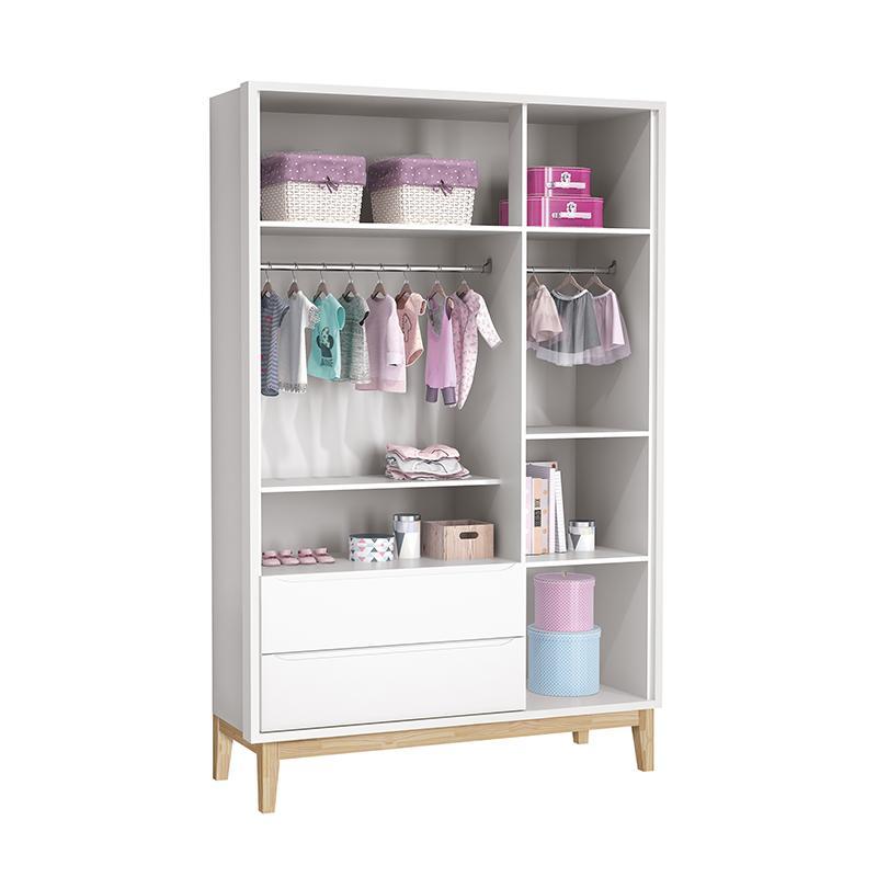 Dormitório Infantil Classic 3 Portas, Cômoda 1 Porta, Berço Branco Fosco com Pés Madeira Natural e Colchão - Reller Móveis