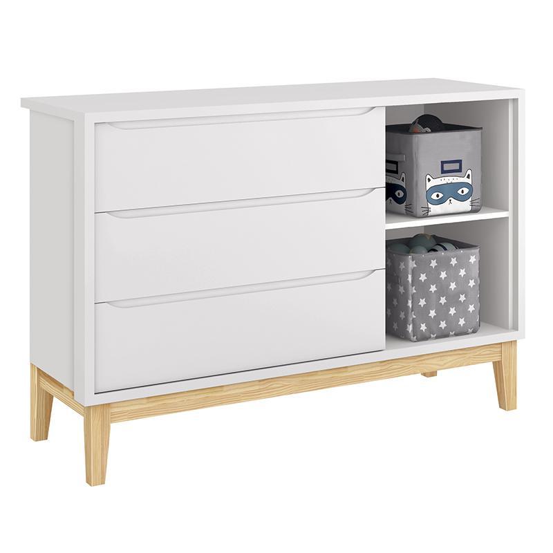 Dormitório Infantil Classic 3 Portas, Cômoda 1 Porta, Berço Branco Fosco com Pés Madeira Natural e Colchão - Reller Móveis