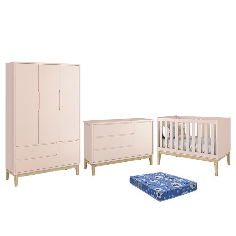 Dormitório Infantil Classic 3 Portas, Cômoda 1 Porta, Berço Rosa Fosco com Pés Madeira Natural e Colchão - Reller Móveis