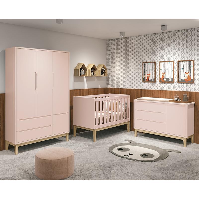 Dormitório Infantil Classic 3 Portas, Cômoda 1 Porta, Berço Rosa Fosco com Pés Madeira Natural e Colchão - Reller Móveis
