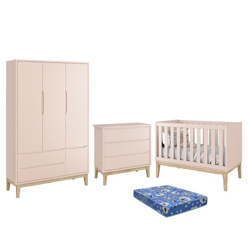Dormitório Infantil Classic 3 Portas, Cômoda 3 Gavetas, Berço Rosa Fosco com Pés Madeira Natural e Colchão - Reller Móveis