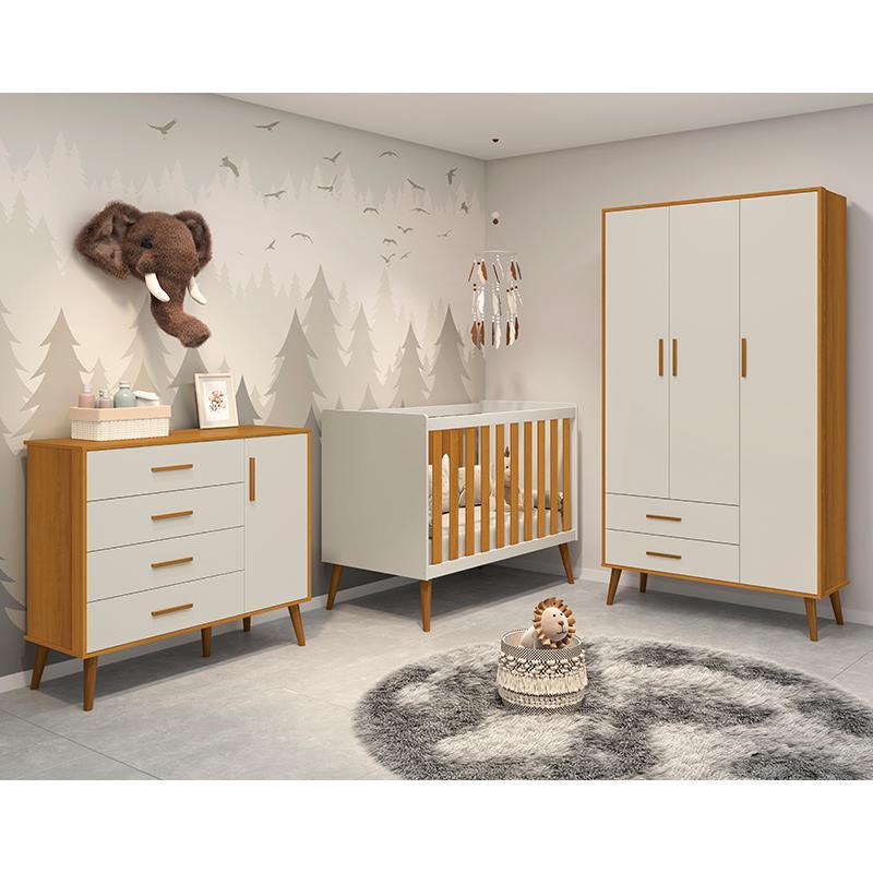 Dormitório Infantil Isis Guarda Roupa 3 Portas, Cômoda 1 Porta e Berço Areia/Savana com Colchão - Reller Móveis 