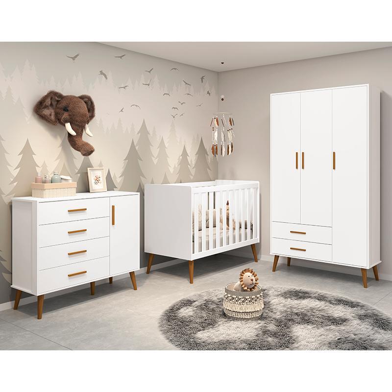 Dormitório Infantil Isis Guarda Roupa 3 Portas, Cômoda 1 Porta e Berço Branco com Colchão D18 - Reller Móveis 