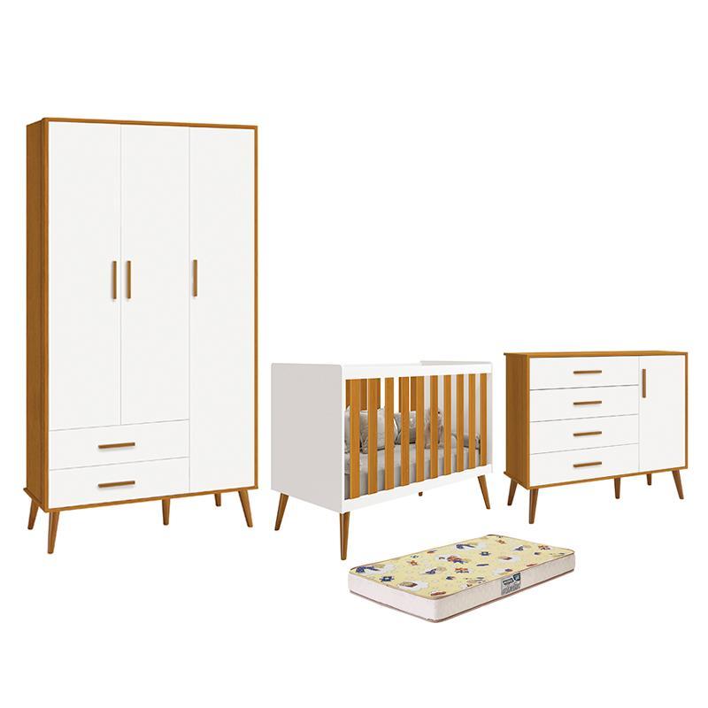 Dormitório Infantil Isis Guarda Roupa 3 Portas, Cômoda 1 Porta e Berço Branco/Savana com Colchão D18 - Reller Móveis 
