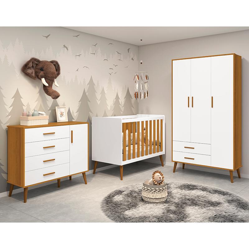 Dormitório Infantil Isis Guarda Roupa 3 Portas, Cômoda 1 Porta e Berço Branco/Savana com Colchão D18 - Reller Móveis 