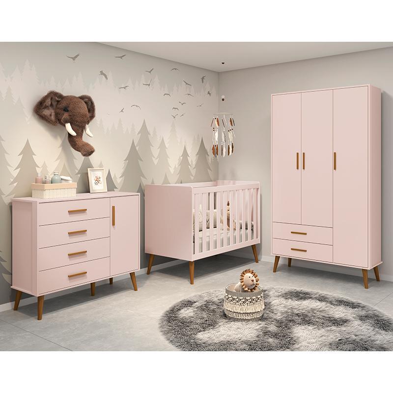 Dormitório Infantil Isis Guarda Roupa 3 Portas, Cômoda 1 Porta e Berço Rosa com Colchão - Reller Móveis
