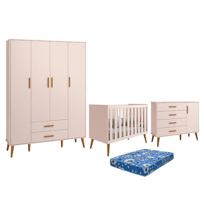 Dormitório Infantil Isis Guarda Roupa 4 Portas, Cômoda 1 Porta e Berço Rosa com Colchão - Reller Móveis