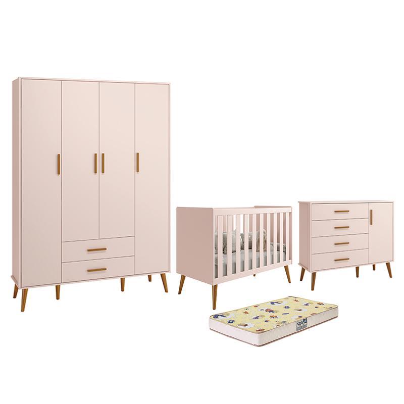 Dormitório Infantil Isis Guarda Roupa 4 Portas, Cômoda 1 Porta e Berço Rosa com Colchão D18 - Reller Móveis