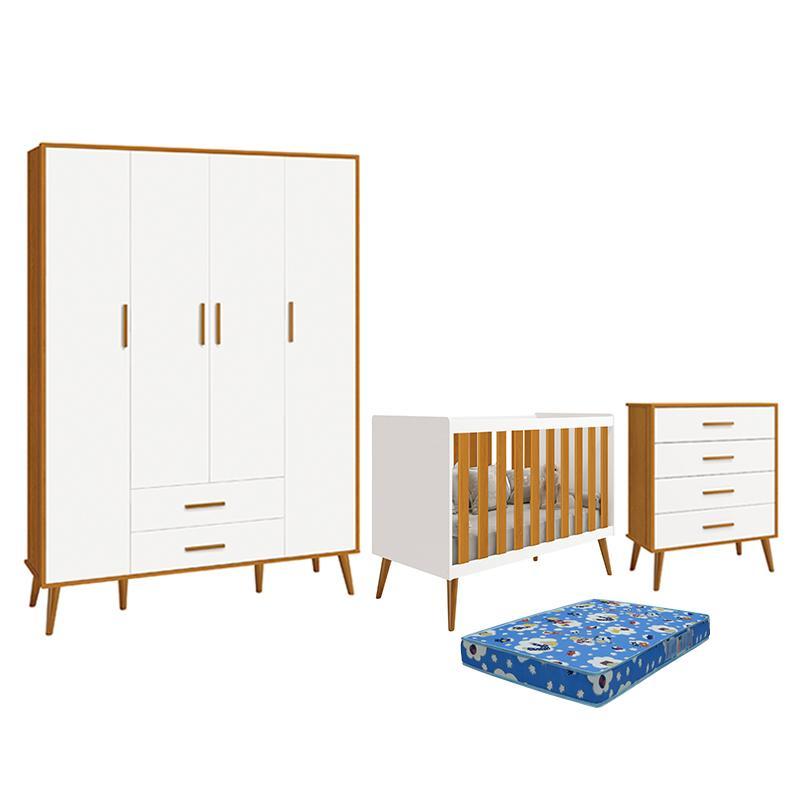 Dormitório Infantil Isis Guarda Roupa 4 Portas, Cômoda e Berço Branco/Savana com Colchão - Reller Móveis  