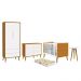 Dormitório Infantil Theo 2 Portas, Cômoda 6 Gavetas, Berço, Mesa de Canto Branco/Savana com Pés Amadeirado e Colchão - Reller Móveis