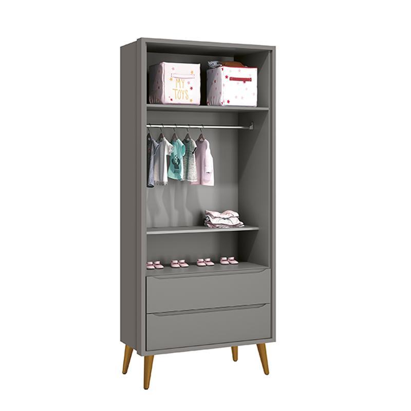 Dormitório Infantil Theo 2 Portas, Cômoda 6 Gavetas, Berço, Mesa de Canto Cinza Fosco com Pés Amadeirado e Colchão - Reller Móveis