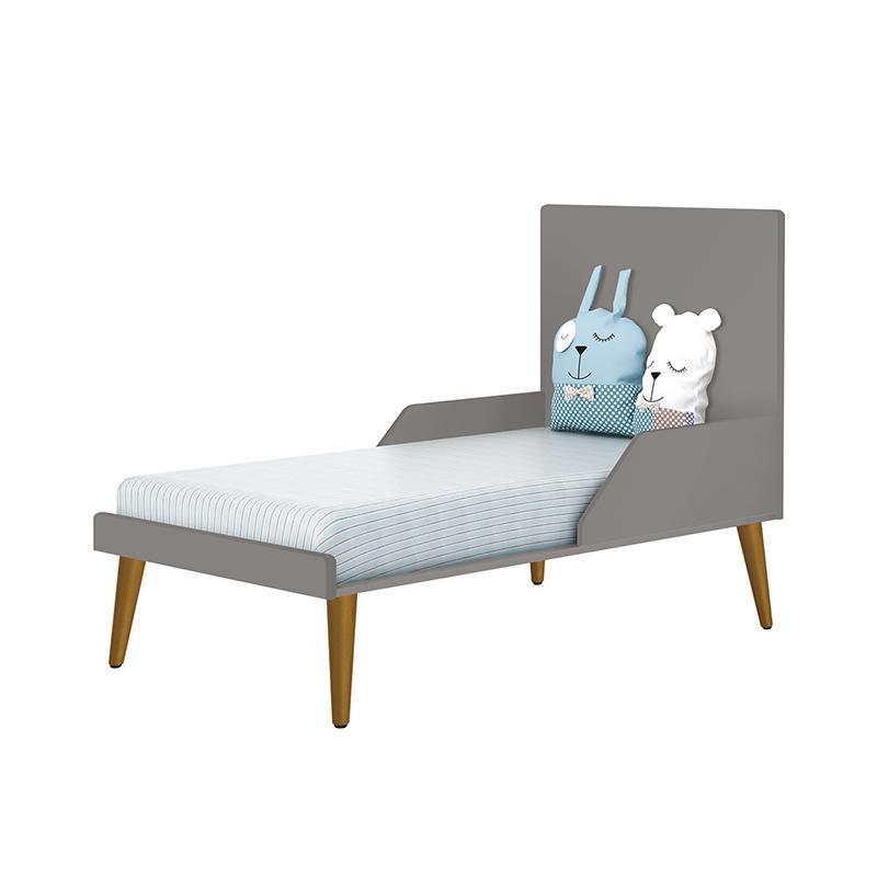 Dormitório Infantil Theo 2 Portas, Cômoda 6 Gavetas, Berço, Mesa de Canto Cinza Fosco com Pés Amadeirado e Colchão - Reller Móveis