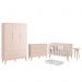Dormitório Infantil Theo 3 Portas, Cômoda 6 Gavetas, Berço, Mesa de Canto Rosa Fosco com Pés Madeira Natural e Colchão - Reller Móveis 