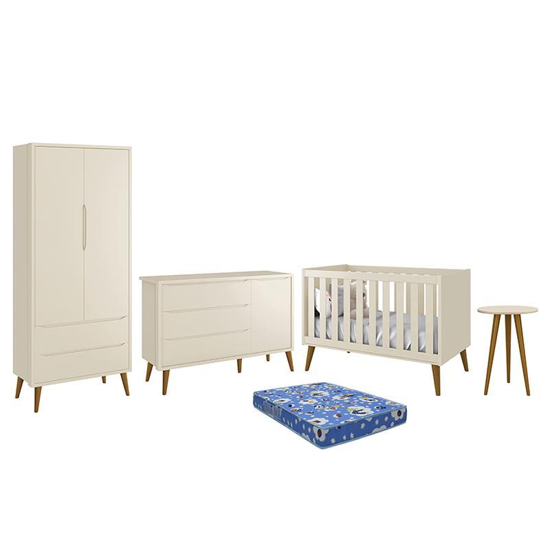 Dormitório Infantil Theo Retrô 2 Portas, Cômoda 1 Porta, Berço, Mesa de Apoio Areia Fosco com Pés Amadeirado e Colchão - Reller Móveis
