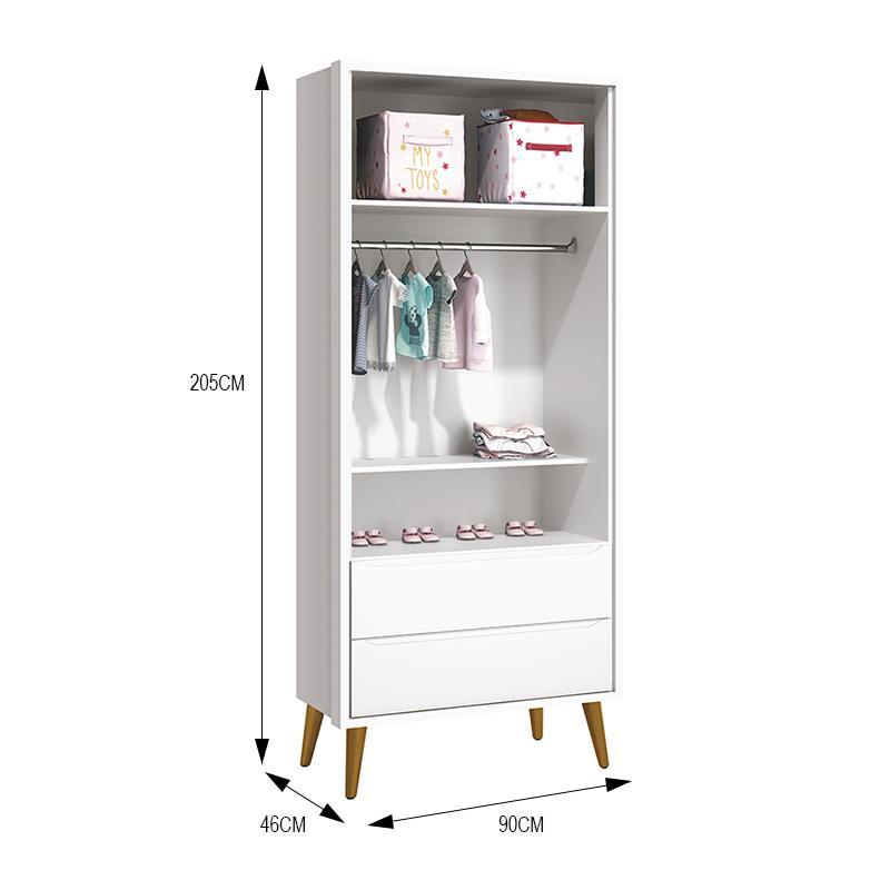 Dormitório Infantil Theo Retrô 2 Portas, Cômoda 1 Porta, Berço, Mesa de Apoio Branco Fosco com Pés Amadeirado e Colchão - Reller Móveis