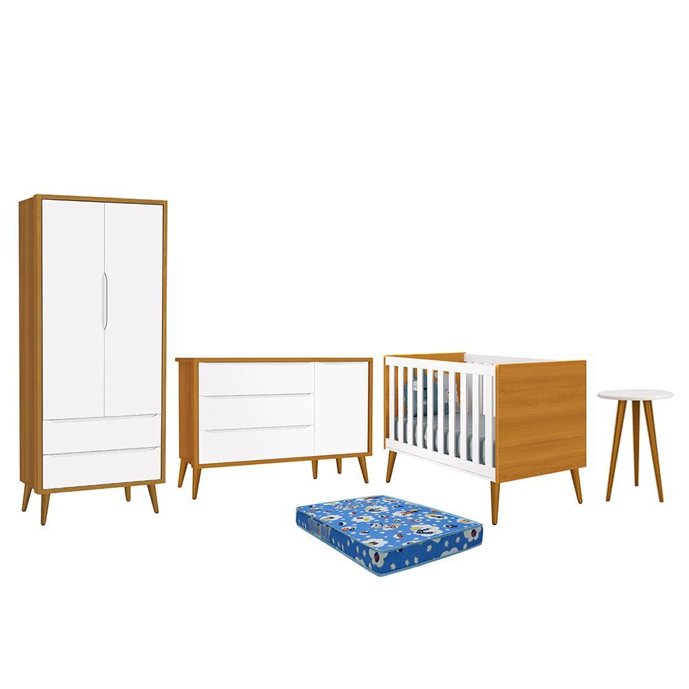 Dormitório Infantil Theo Retrô 2 Portas, Cômoda 1 Porta, Berço, Mesa de Apoio Branco/Savana com Pés Amadeirado e Colchão - Reller Móveis