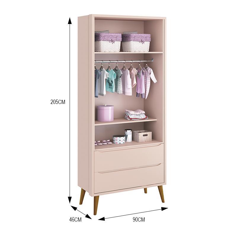 Dormitório Infantil Theo Retrô 2 Portas, Cômoda 1 Porta, Berço, Mesa de Apoio Rosa Fosco com Pés Amadeirado e Colchão - Reller Móveis
