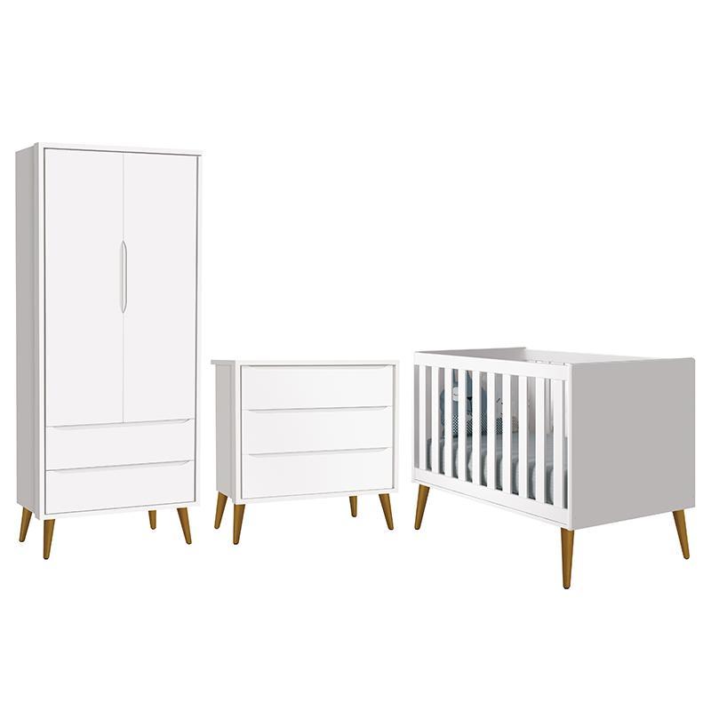 Dormitório Infantil Theo Retrô 2 Portas, Cômoda e Berço Branco Fosco com Pés Amadeirado - Reller Móveis