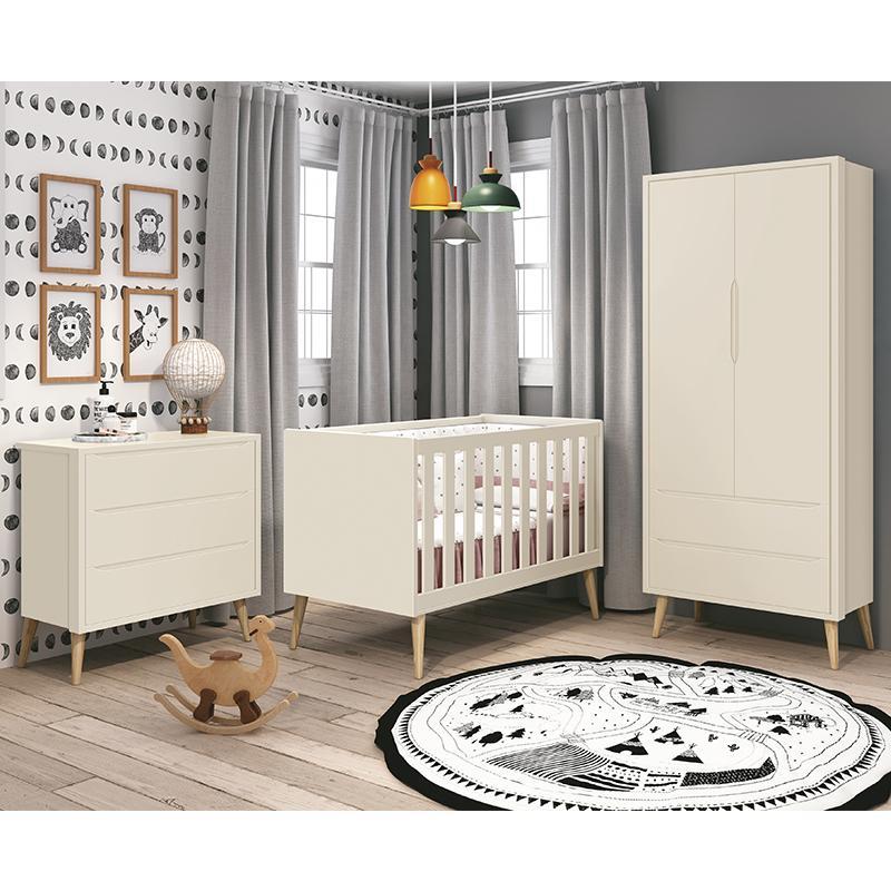 Dormitório Infantil Theo Retrô 2 Portas, Cômoda, Berço Areia Fosco com Pés Madeira Natural e Colchão - Reller Móveis 