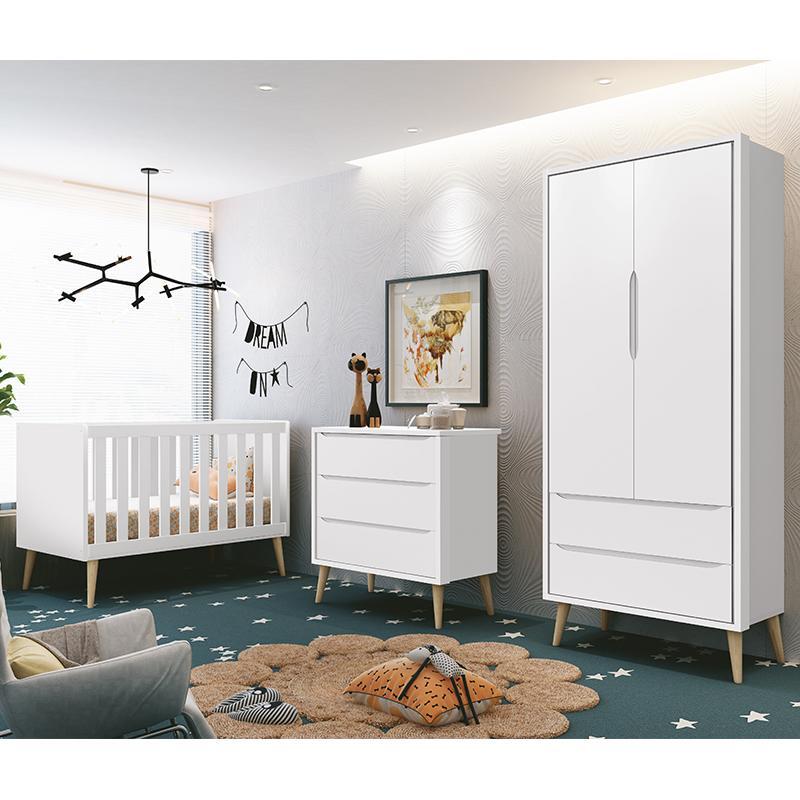Dormitório Infantil Theo Retrô 2 Portas, Cômoda, Berço Branco Fosco com Pés Madeira Natural e Colchão - Reller Móveis 