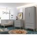 Dormitório Infantil Theo Retrô 2 Portas, Cômoda, Berço Cinza Fosco com Pés Madeira Natural e Colchão - Reller Móveis 