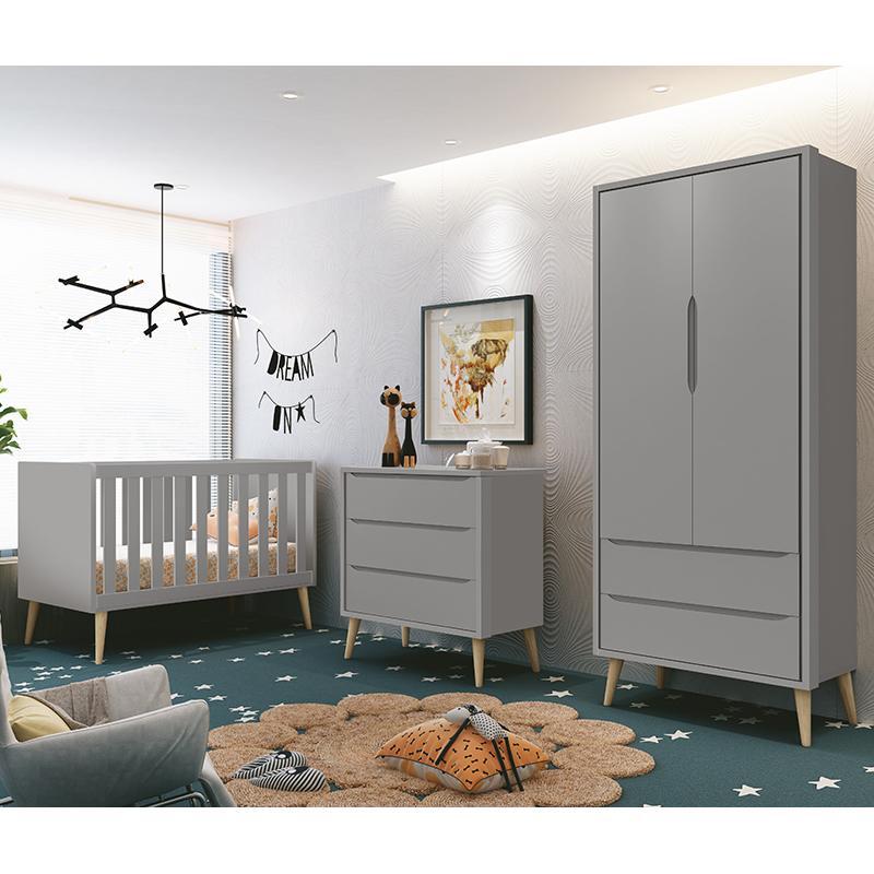 Dormitório Infantil Theo Retrô 2 Portas, Cômoda, Berço Cinza Fosco com Pés Madeira Natural e Colchão - Reller Móveis 