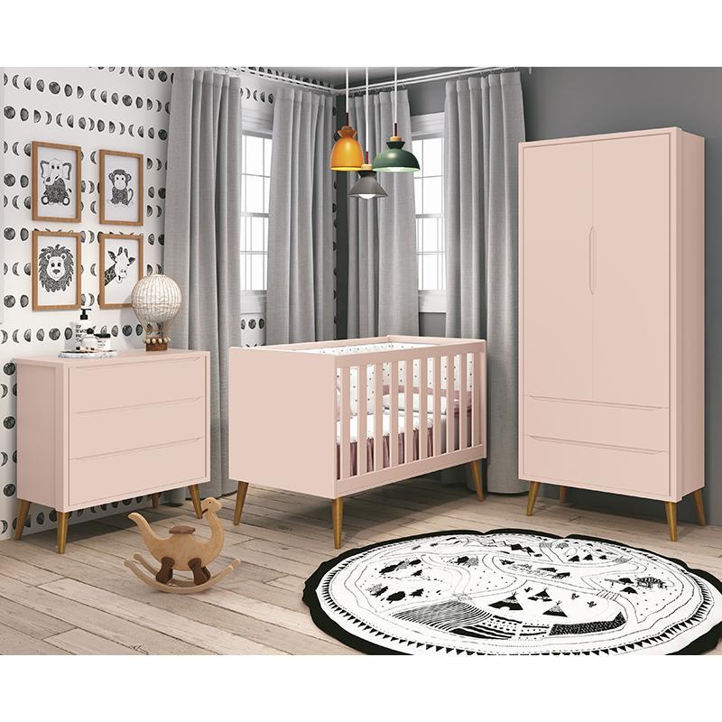 Dormitório Infantil Theo Retrô 2 Portas, Cômoda, Berço Rosa Fosco com Pés Amadeirado e Colchão - Reller Móveis