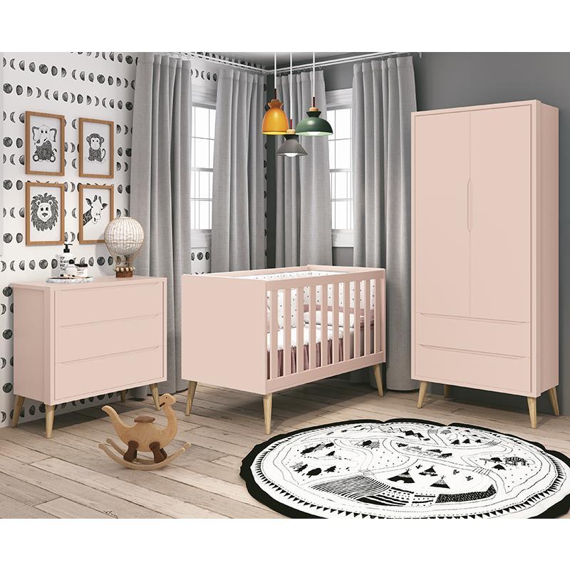 Dormitório Infantil Theo Retrô 2 Portas, Cômoda, Berço Rosa Fosco com Pés Madeira Natural e Colchão - Reller Móveis