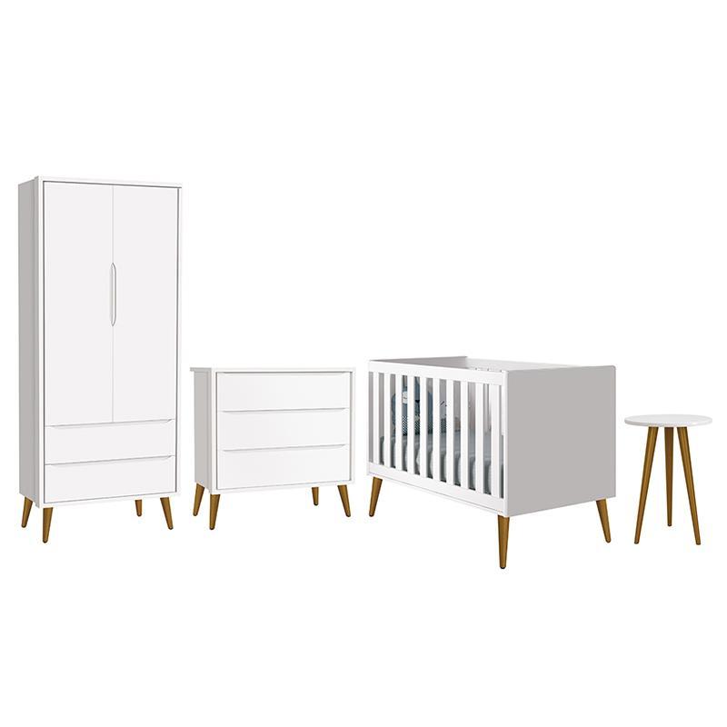 Dormitório Infantil Theo Retrô 2 Portas, Cômoda, Berço e Mesa de Apoio Branco Fosco com Pés Amadeirado - Reller Móveis