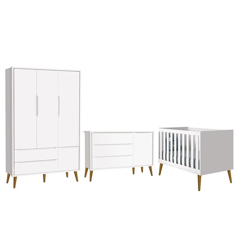 Dormitório Infantil Theo Retrô 3 Portas, Cômoda 1 Porta e Berço Branco Fosco com Pés Amadeirado - Reller Móveis