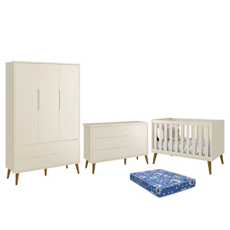 Dormitório Infantil Theo Retrô 3 Portas, Cômoda 1 Porta, Berço Areia Fosco com Pés Amadeirado e Colchão - Reller Móveis