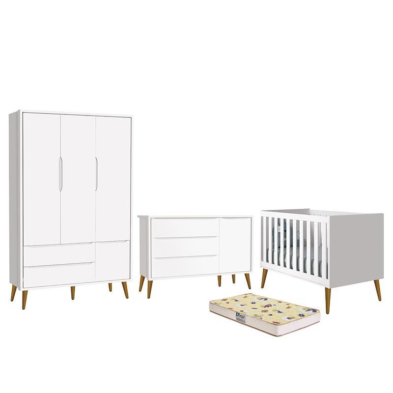 Dormitório Infantil Theo Retrô 3 Portas, Cômoda 1 Porta, Berço Branco Fosco com Pés Amadeirado e Colchão D18 - Reller Móveis