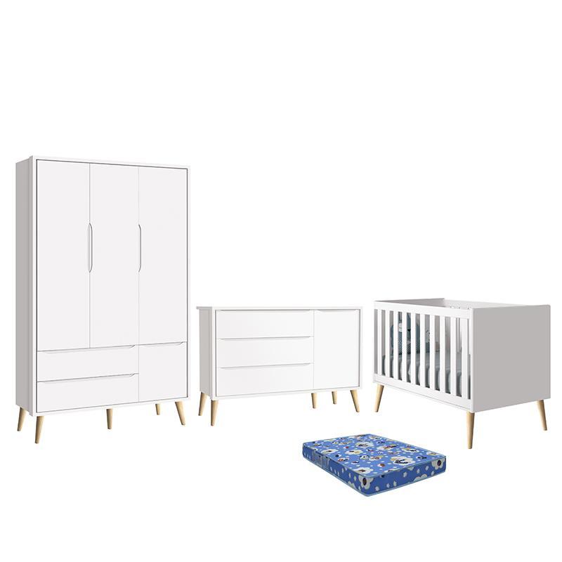 Dormitório Infantil Theo Retrô 3 Portas, Cômoda 1 Porta, Berço Branco Fosco com Pés Madeira Natural e Colchão - Reller Móveis